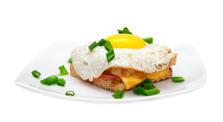 Sandwich with ham and fried eggs cheese on a white plate. White background. Isolated object