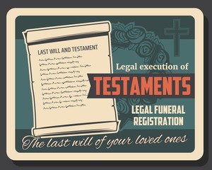 Fototapeta na wymiar Funeral service, will and testament execution vector design of burial, cremation and interment. Memorial ceremony flower wreath with black ribbon, religious cross and bequest document