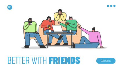 Group Of Friends Meet, Ordered Food And Drinks. Website Landing Page. Men And Women Eating Pizza, Communicating And Have A Good Time. Web Page Cartoon Linear Outline Flat Style. Vector Illustration
