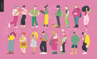 Obraz na płótnie Canvas Waiting in line coronavirus - modern flat vector concept illustration of people standing in line wearing mask, talking to each other. Multicultural, multilingual people, coronavirus protection concept