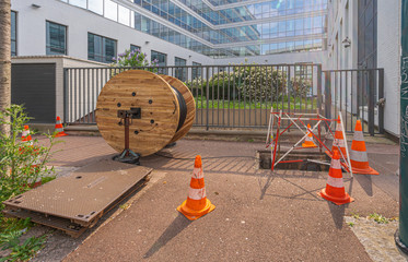 Gennevilliers, France - 04 13 2020: Fiber optic works on a street
