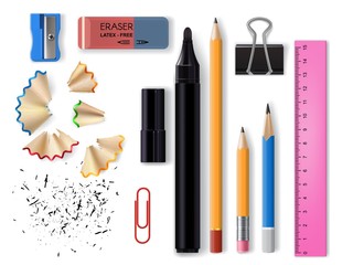 Stationery realistic design of school and office supplies vector design. 3d pencils, eraser, marker pen and sharpener, plastic ruler, paper and binder clips with pencil shavings and graphite
