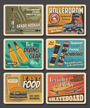 Sport and outdoor leisure activities vector design of entertainment and hobby themes. Snowboards, skateboard, diving fins and roller skates, hookah, fast food burger and drink retro posters
