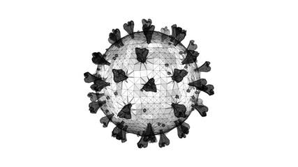 3D wireframe of a single coronavirus particle on a white background.