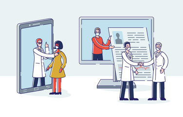 Healthcare And Medicine Concept. Male And Female Characters Visit Doctors Online. People Reserving Meetings With Doctors To Get Medical Consultation. Cartoon Linear Outline Flat Vector Illustration