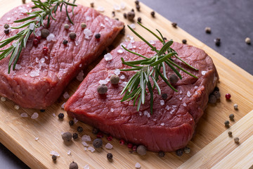 fresh raw sliced beef meat steak on a wooden board