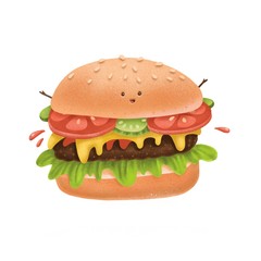 Kawaii burger character. Funny fastfood with small eyes, hands , and smile for fast food kids menu. Modern textured style flat illustration icon. Isolated on white background