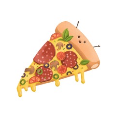 Cute slice of pizza character, Funny pizza with kawaii eyes, hands , and smile for fast food kids menu. Modern textured style flat illustration icon. Isolated on white background