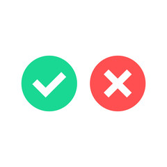 Check mark icons. Green checkmark and red cross mark flat icons set. Tick and x mark. Vector illustration isolated on white background