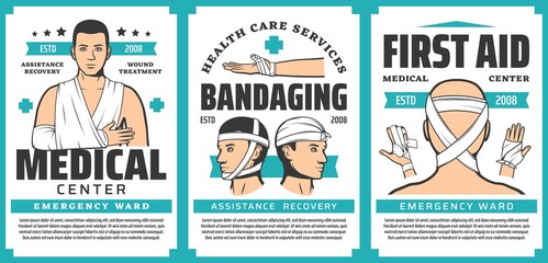 Obraz premium First aid bandaging of body injuries medical posters of emergency medicine vector design. Trauma treatments, bandages on arm fractures, elbow, wrist and finger joint sprains, head and chin wounds