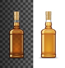 Alcohol beverage glass bottle 3d realistic design of whiskey, liquor, cognac or scotch, bourbon, brandy, rum or whisky vector drinks. Mockup of clear container with brown liquid of distilled spirit