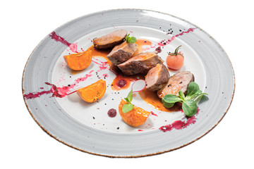 meat slices with a beautiful serving on a white background