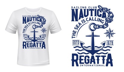 Nautical anchor t-shirt print of yacht club regatta and sailing sport. Vector mockup with anchor, chain, marine navigation compass wind rose and sea waves, yachting, sailboat racing or cruising design