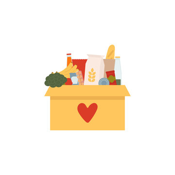 Coronavirus donation food. Donation box with heart. Box with different types of food supplies. Vector Illustration