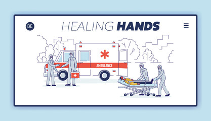 Isolation Of Infected Patients Concept. Website Landing Page. Doctors Carrying On Stretcher Bed Sick Infected Man Into Ambulance To Isolate. Web Page Cartoon Linear Outline Flat Vector Illustration