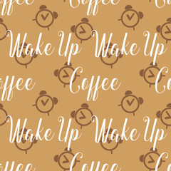 Coffee seamless pattern design. Decorate text in brown colors.