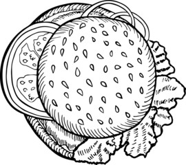 engraving burger vector drawing top view