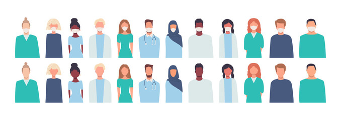 Set of vector illustrations in flat style isolated on white. Modern, multiethnic society. Men and women. Doctors, nurses, healthcare workers, medical staff in masks. Medicine, working in hospital