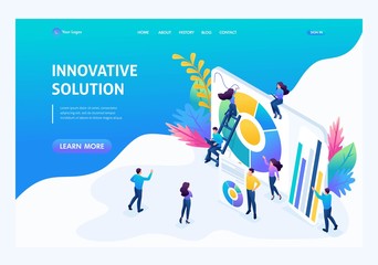 Isometric concept young entrepreneurs, marketing research, innovative solution. Landing page concepts and web design