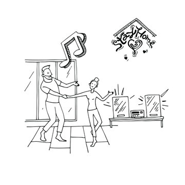 man and woman, together, dancing at home, smiling, doodle, black and white, vector