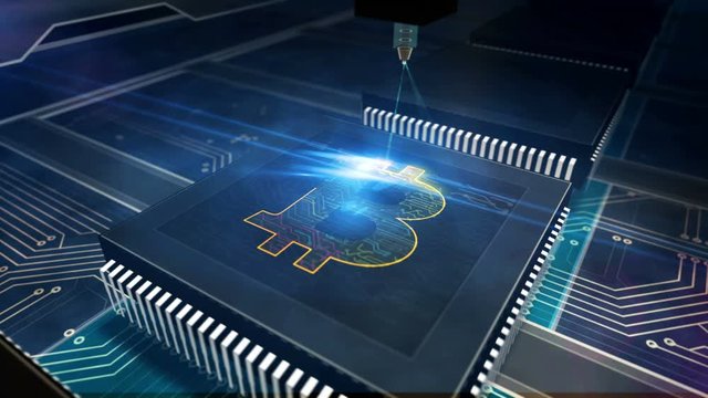 Bitcoin mining. Cryptocurrency, virtual money and blockchain tachnology production line abstract 3d rendering loopable seamless animation. Processor factory with laser burning crypto currency symbol.
