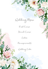 Spring wedding floral card. Pastel watercolor style.