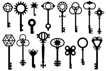 Black refined, elegant door keys of various shapes and sizes. Vector illustration. Stock Photo.