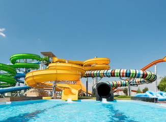 Water park with colorful slides and pools