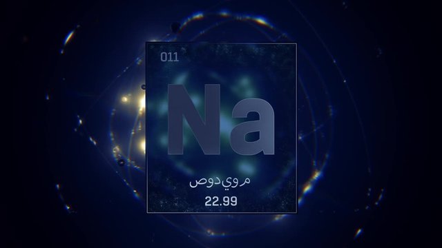 Neon as Element 10 of the Periodic Table. Seamlessly looping 3D animation on silver illuminated atom design background orbiting electrons name, atomic weight element number in Arabic language