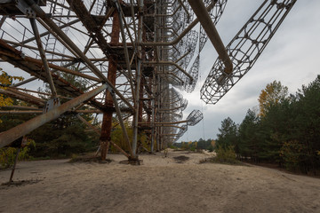 Looking up at the steel cages of the DUGA radar array in Chernobyl Exclusion Zone of Alienation