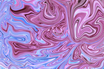 Unique abstract liquified metal effect. Delicately swirled, vivid fluid art. Multicolored. Digital illustration background or phone wallpaper. Shades of purple, pink and blue.