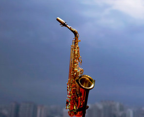 saxophone. Soprano Saxophone.Wind musical instrument

