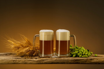 light beer with foam in mugs, hops and wheat near the glasses on the table, space for placing text
