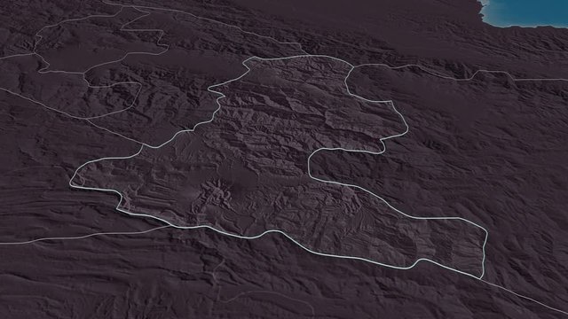 Chimbu, province with its capital, zoomed and extruded on the administrative map of Papua in the conformal Stereographic projection. Animation 3D