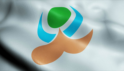 3D Waving Japan City Flag of Kami Amakusa Closeup View