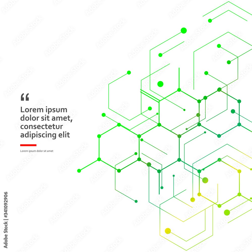 Poster Vector illustration green connect hexagons connect abstract background. Technology dots and broken lines