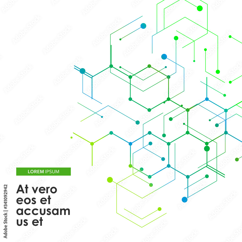 Poster vector illustration green connect hexagons connect abstract background. technology dots and broken l
