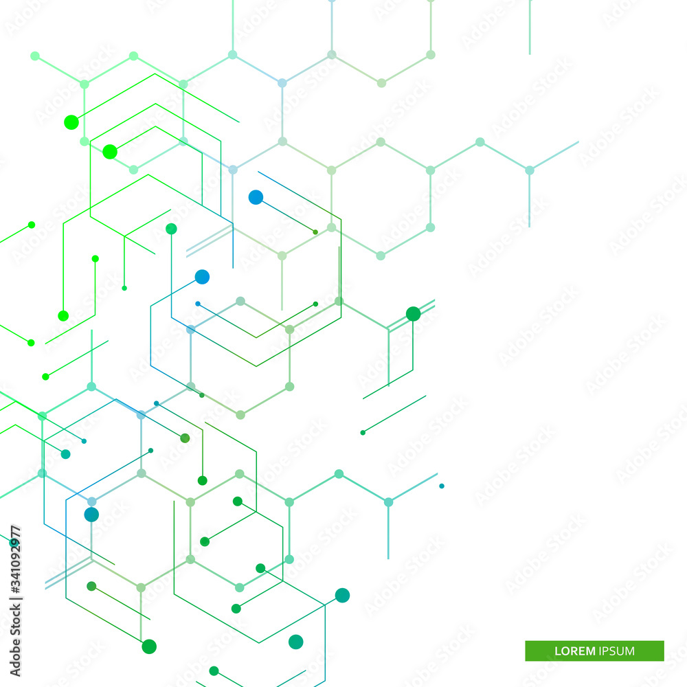 Poster vector illustration green connect hexagons connect abstract background. technology dots and broken l