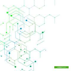Vector illustration green connect hexagons connect abstract background. Technology dots and broken lines