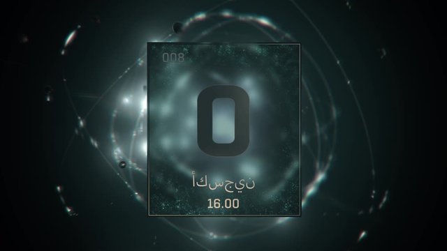 Oxygen as Element 8 of the Periodic Table. Seamlessly looping 3D animation on green illuminated atom design background orbiting electrons name, atomic weight element number in Arabic language
