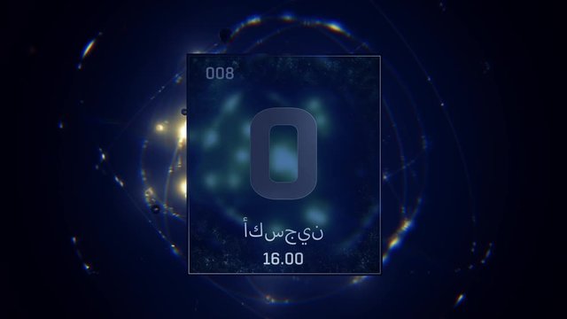 Oxygen as Element 8 of the Periodic Table. Seamlessly looping 3D animation on blue illuminated atom design background orbiting electrons name, atomic weight element number in Arabic language