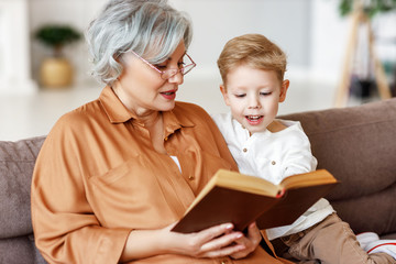 Cheerful grandmother and grandson reading book together.