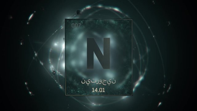 Nitrogen as Element 7 of the Periodic Table. Seamlessly looping 3D animation on green illuminated atom design background orbiting electrons name, atomic weight element number in Arabic language