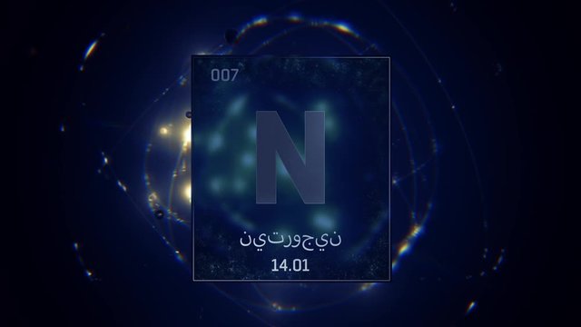 Nitrogen as Element 7 of the Periodic Table. Seamlessly looping 3D animation on blue illuminated atom design background orbiting electrons name, atomic weight element number in Arabic language