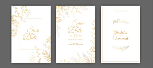 Fototapeta na wymiar Luxury Wedding Save the Date, Invitation Navy Cards Collection with Gold Foil Flowers and Leaves and Wreath.