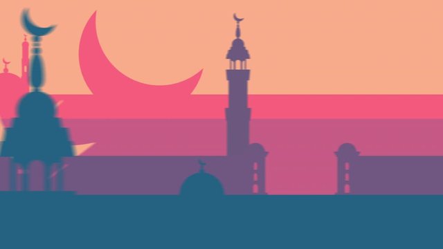 Eid Mubarak greeting written in Arabic calligraphy appears on a skyline constructed from colorful stripes, mosques' domes and minarets, and hilal (crescent moon)