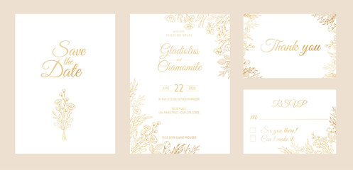 Minimalist wedding invitation card template design. Template, Frame with Delicate Flowers, Branches, Plants.