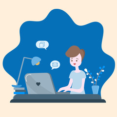 man works at home, on the desk, has a laptop and a flower pot. Happily. Vector illustration