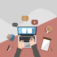 illustration of 1st person perspective, work from home, have a laptop to work and keep notes until saved, and fragrant coffee. flat, vector.