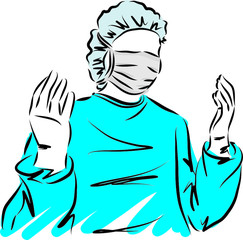 DOCTOR WITH MASK AND SHOWING GLOVES VECTOR ILLUSTRATION